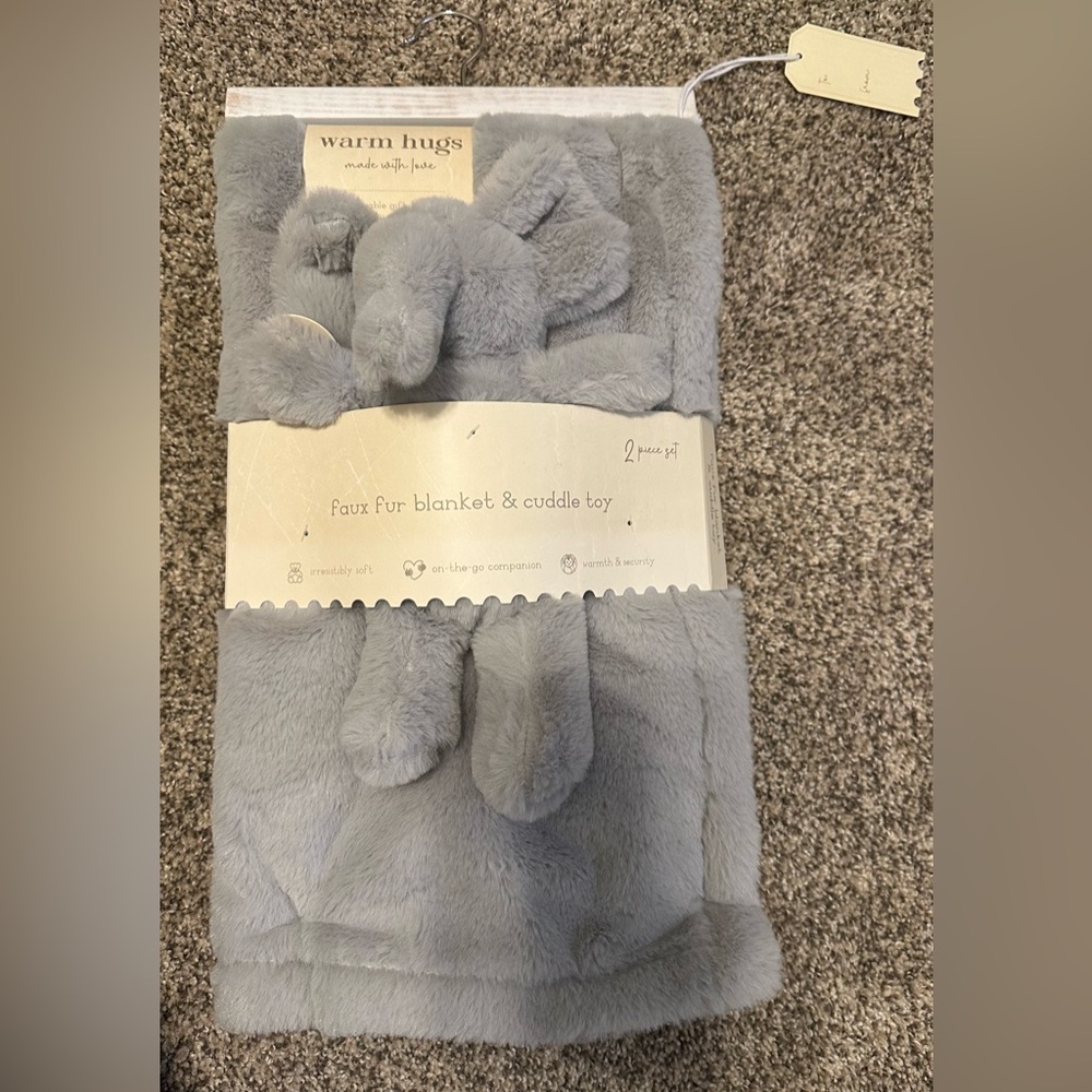 Gray Faux Fur Blanket and Cuddle Elephant Toy Set